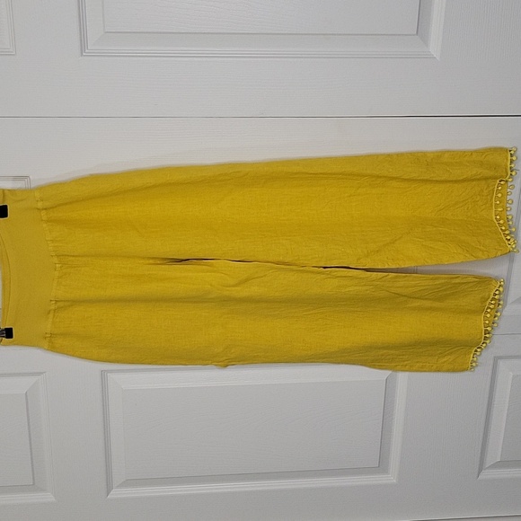 THREE DOTS Yellow Wide-Leg Pants with Pom-Pom Trim Size Small - Picture 2 of 9